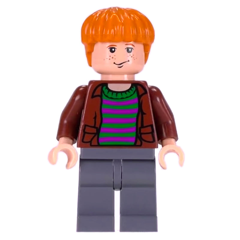 fig-006109 – Ron Weasley, Open Reddish Brown Jacket over Striped Shirt