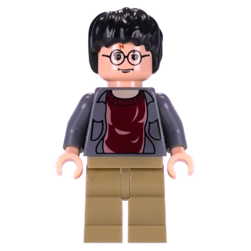 fig-006118 – Harry Potter, Open Dark Bluish Gray Jacket over Dark Red Shirt, Dark Tan Legs