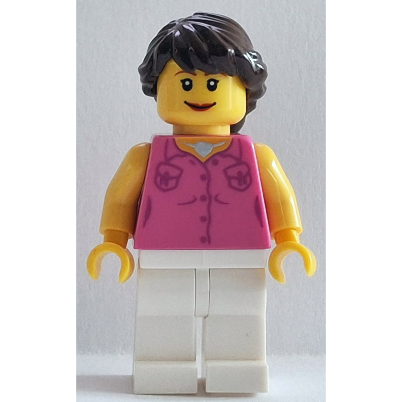 fig-006269 – Female, Dark Pink Vest and Necklace, White Legs, Dark Brown Hair French Braided