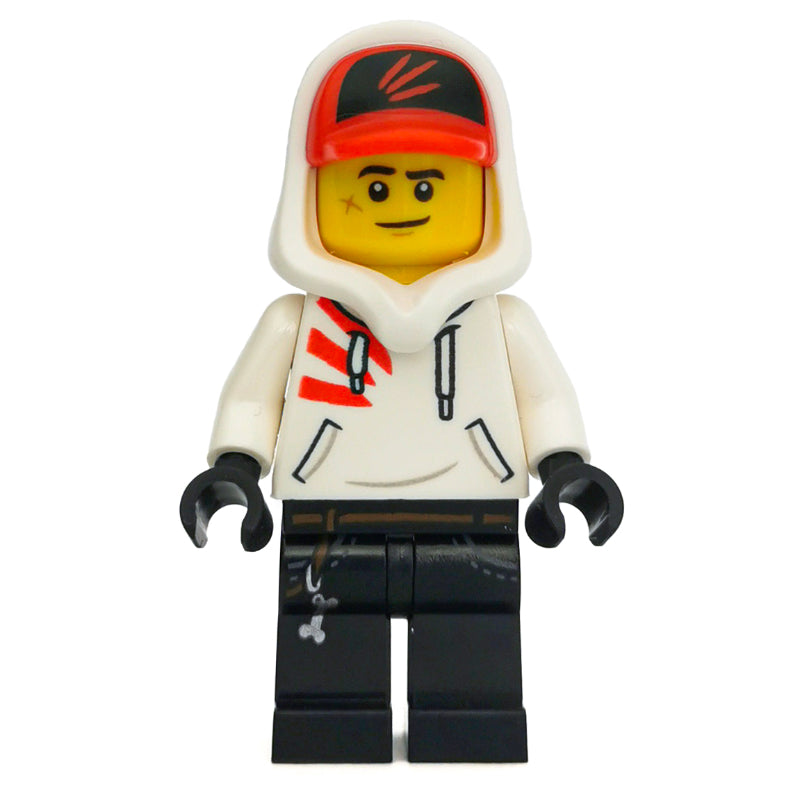 fig-006319 – Jack Davids, White Hoodie with Hood and Red Cap
