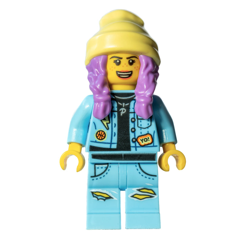 fig-006337 – Parker L. Jackson, Bright Light Blue Denim Jacket, Bright Light Yellow Beanie Hat, Medium Lavender Hair, Scared / Open Mouth