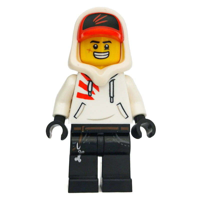 fig-006341 – Jack Davids, White Hoodie with Hood and Red Cap, Angry / Large Grin