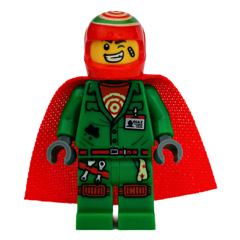 fig-006342 – Douglas Elton / El Fuego, Green Outfit with Red Helmet and Cape