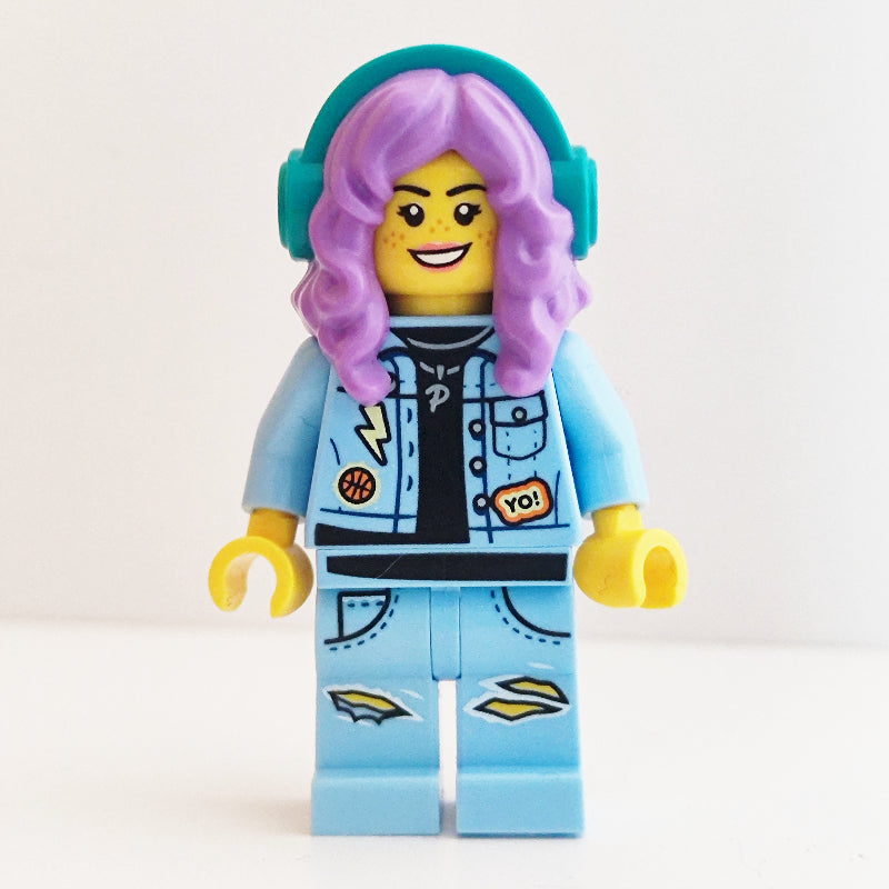 fig-006350 – Parker L. Jackson, Bright Light Blue Denim Jacket, Medium Lavender Hair with Headphones