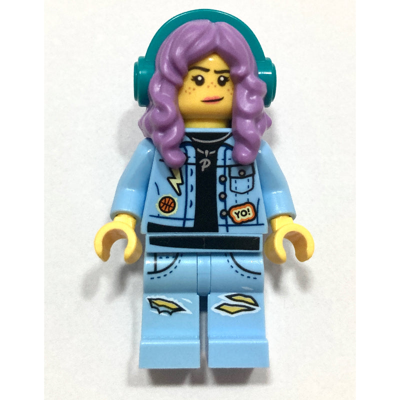 fig-006356 – Parker L. Jackson, Bright Light Blue Denim Jacket, Medium Lavender Hair with Headphones, Angry / Smirk