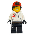 fig-006362 – Jack Davids, White Hoodie with Downed Hood and Red Backwards Cap, Angry / Smile