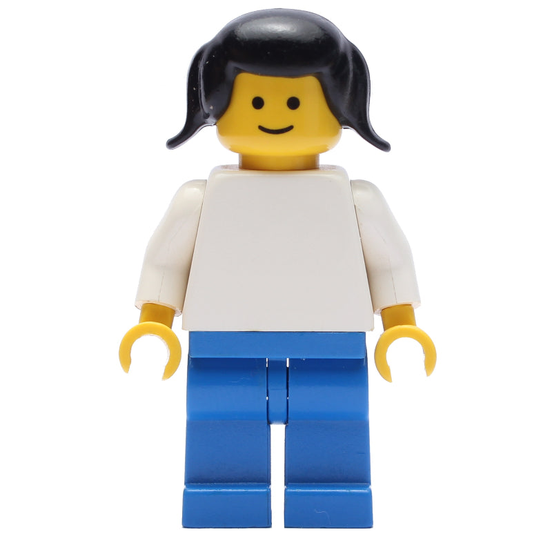 fig-006377 – Female, Plain White Torso and Blue Legs, Black Pigtails Hair