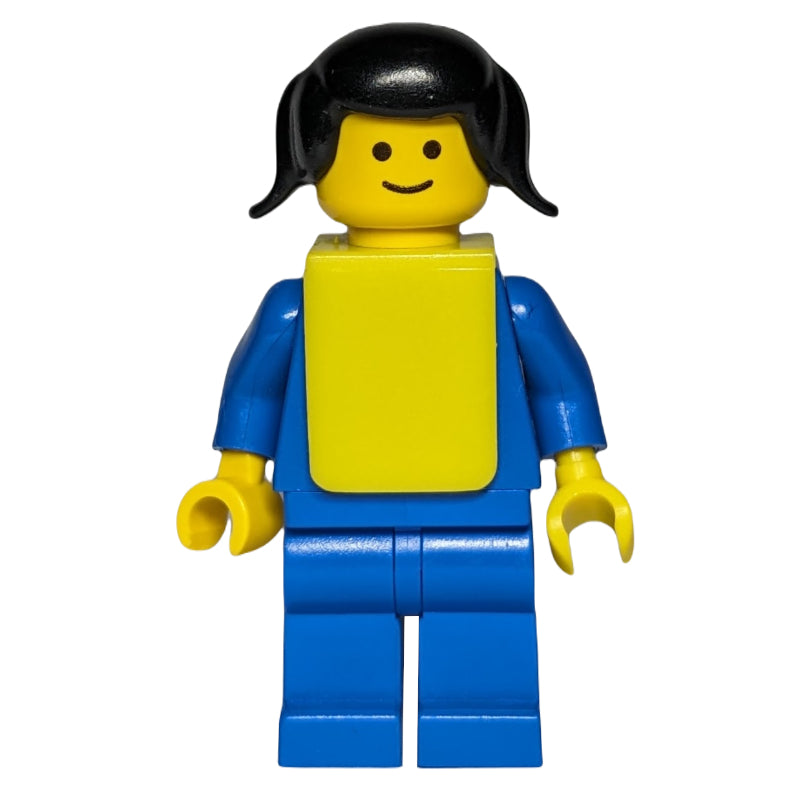 fig-006379 – Female, Plain Blue Torso and Legs, Black Pigtails Hair, Yellow Bib