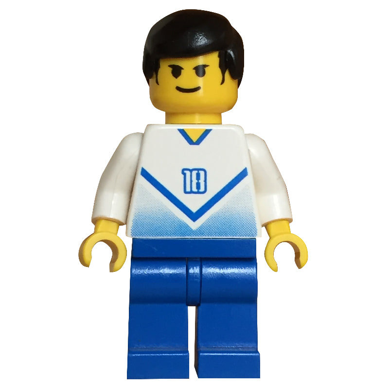 fig-006412 – Soccer Player White Torso, Blue Legs, #18