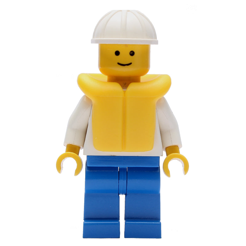 fig-006708 – Boat Worker, White Shirt with Anchor, Blue Legs, White Hard Hat, Yellow Life Vest