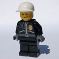 fig-006713 – Policeman, Black Jacket with Zipper, Radio, Badge, and 'POLICE' on Back, White Cap (3626c Head)