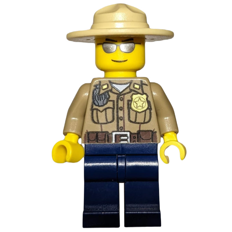 fig-006714 – Forest Police / Ranger, Dark Tan Shirt with Radio and Badge, Dark Blue Legs, Tan Campaign Hat, Silver Sunglasses