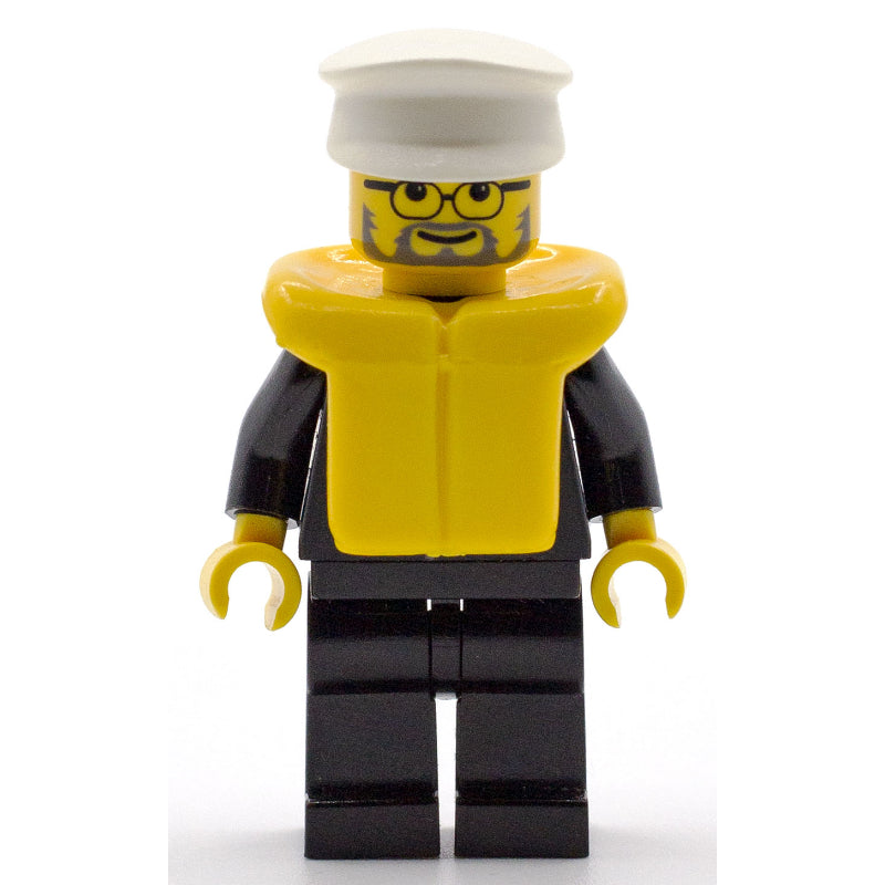 fig-006715 – Policeman, Black Suit with Badge, White Hat, Life Vest, Glasses