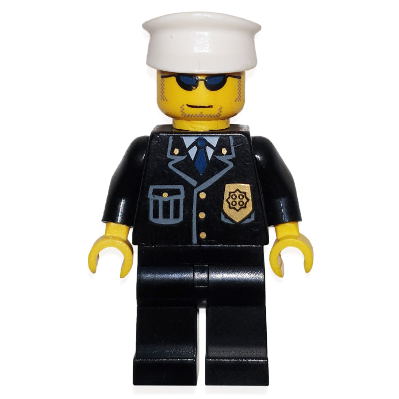 fig-006716 – Policeman, Black Suit with Badge, White Hat, Sunglasses, Stubble