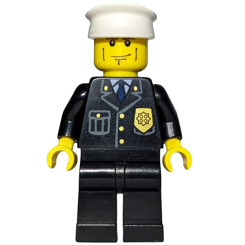 fig-006717 – Policeman, Black Suit with Badge, White Hat, Cheek Lines, Brown Eyebrows