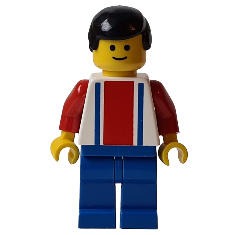 fig-006758 – Soccer Player White Torso, Blue/Res Stripes, Blue Legs, Black Hair, #2