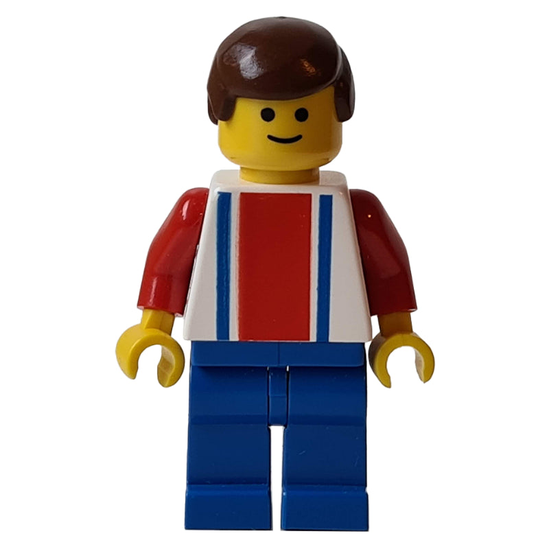 fig-006761 – Soccer Player White Torso, Blue/Res Stripes, Blue Legs, Brown Hair, #7