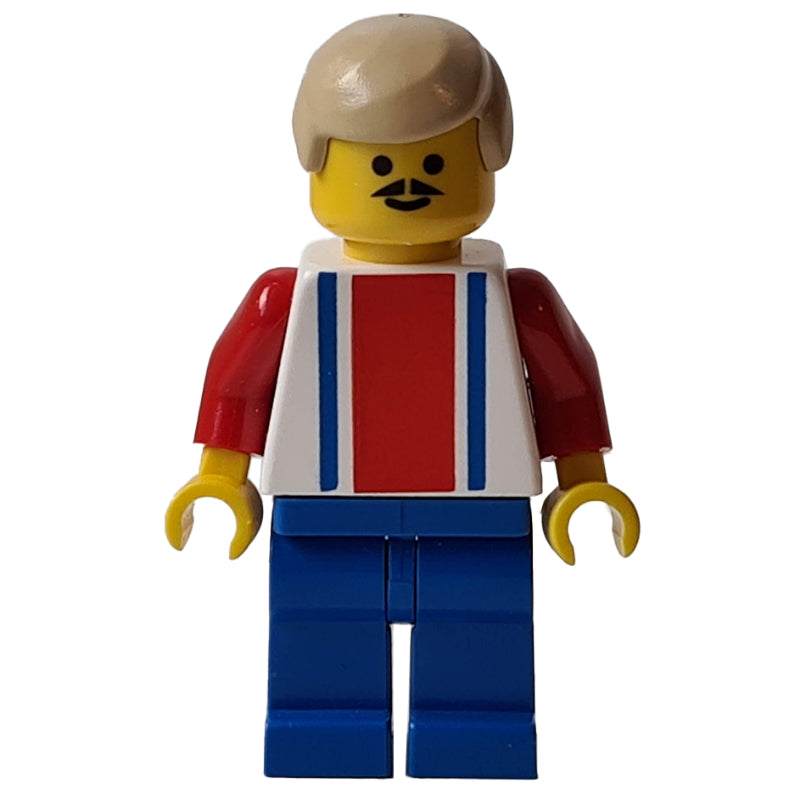 fig-006762 – Soccer Player White Torso, Blue/Res Stripes, Blue Legs, Tan Hair, #9
