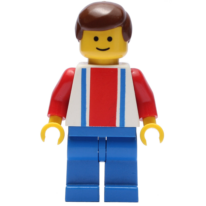 fig-006763 – Soccer Player White Torso, Blue/Res Stripes, Blue Legs, Brown Hair, #10
