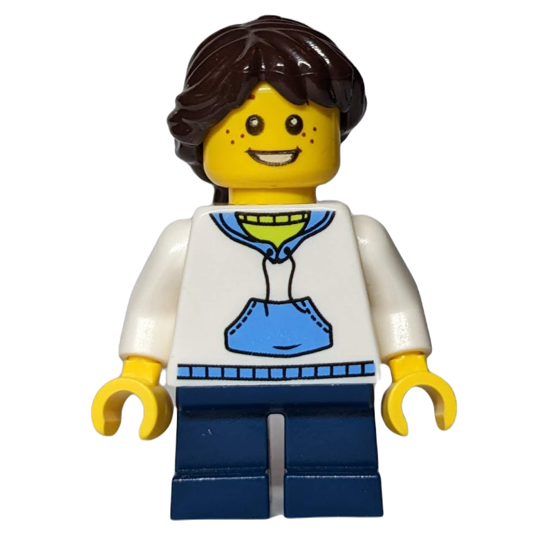 fig-006797 – Girl, White Hoodie, Short Dark Blue Legs