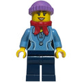 fig-006799 – Woman, Medium Blue Polo Shirt with Necklace, Dark Blue Legs, Red Bandana Scarf, Medium Lavender Hat