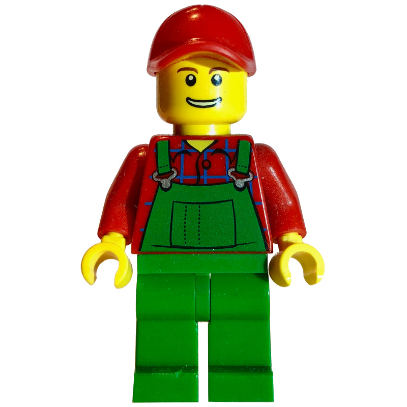 fig-006800 – Man, Green Overalls over Red Shirt, Red Cap