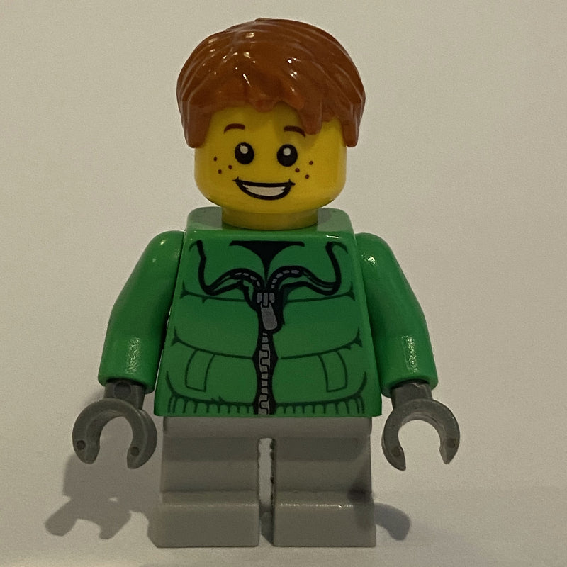 fig-006802 – Boy, Green Jacket, Short Light Bluish Gray Legs, Dark Orange Hair
