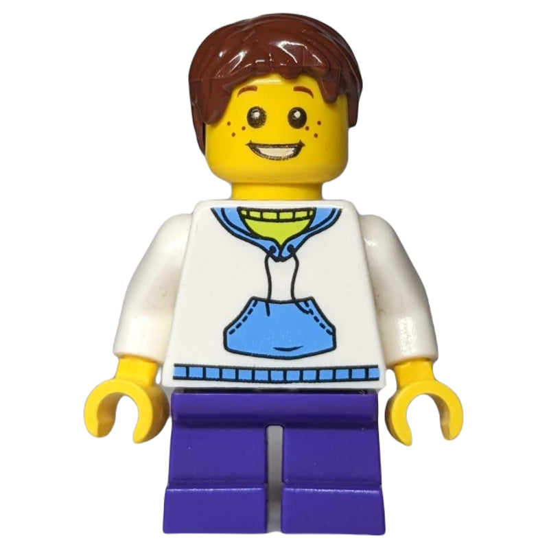 fig-006811 – Boy, White and Blue Hoodie, Short Dark Purple Legs, Reddish Brown Hair