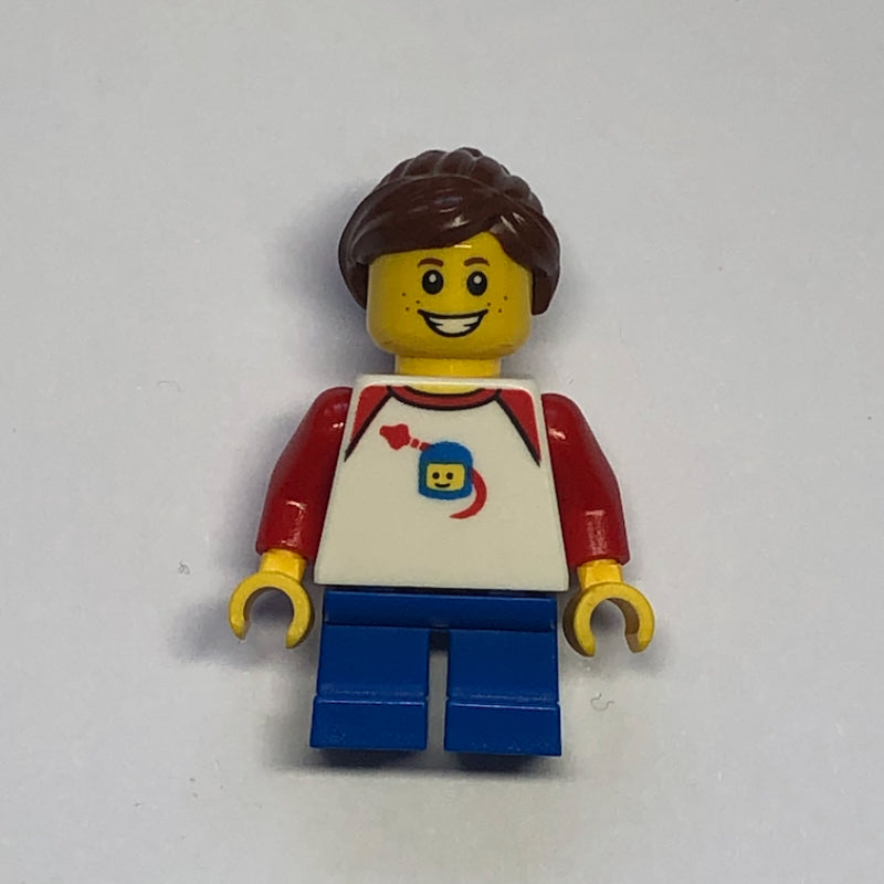 fig-006812 – Girl, Classic Spaceman on Shirt, Short Blue Legs, Reddish Brown Ponytail