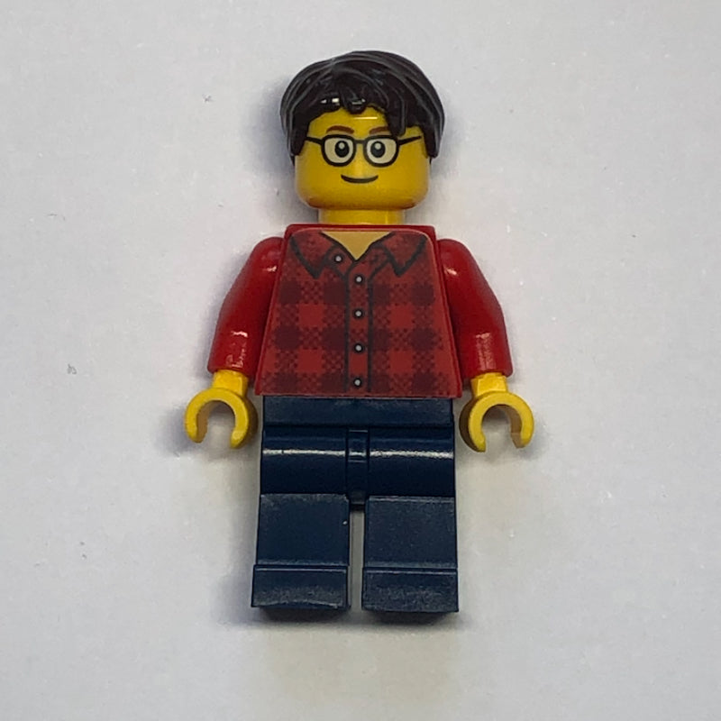 fig-006813 – Man, Red Flannel Shirt, Dark Blue Legs, Glasses
