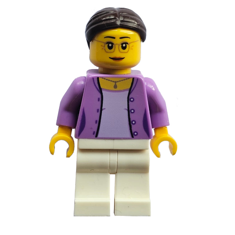 fig-006816 – Female, Open Medium Lavender Jacket over Lavender Shirt, White Legs, Glasses