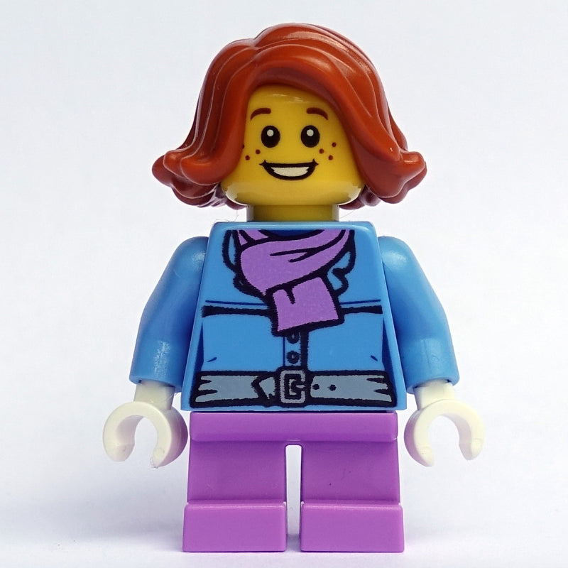 fig-006819 – Girl, Medium Blue Jacket with Medium Lavender Scarf, Short Medium Lavender Legs, Dark Orange Hair
