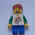 fig-006821 – Boy, Floating Classic Spaceman on Shirt, Short Blue Legs, Dark Orange Hair