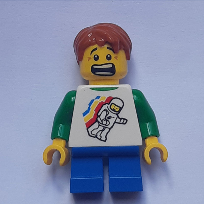 fig-006821 – Boy, Floating Classic Spaceman on Shirt, Short Blue Legs, Dark Orange Hair