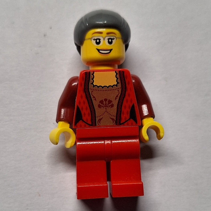 fig-006829 – Woman, Red Cardigan, Red Legs, Dark Bluish Gray Hair, Glasses