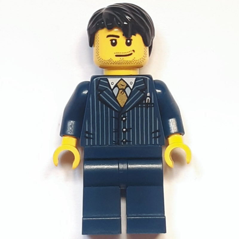 fig-006833 – Man, Dark Blue Pinstripe Suit with Gold Tie, Black Hair