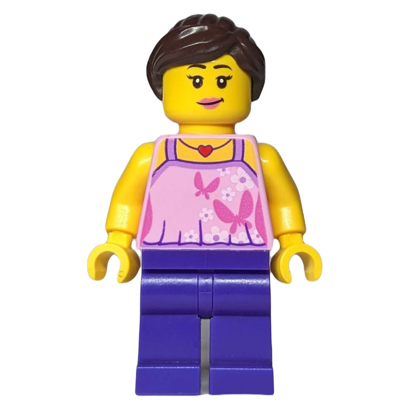 fig-006834 – Woman, Bright Pink Halter Top with Butterflies, Dark Purple Legs