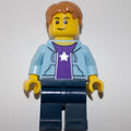 fig-006835 – Man, Open Bright Light Blue Hoodie over Dark Purple Shirt with Star, Dark Blue Legs