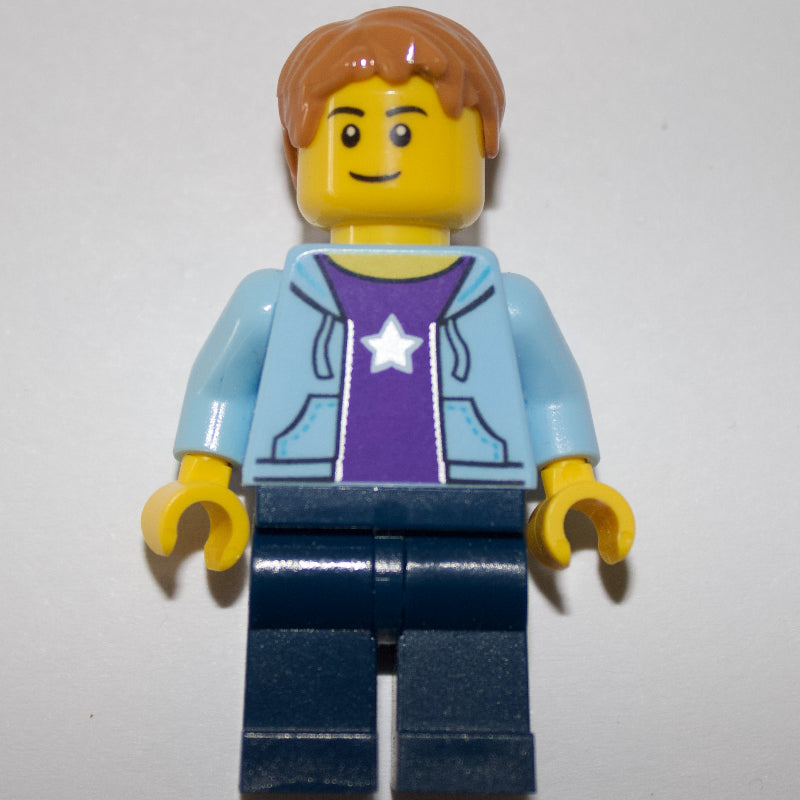 fig-006835 – Man, Open Bright Light Blue Hoodie over Dark Purple Shirt with Star, Dark Blue Legs