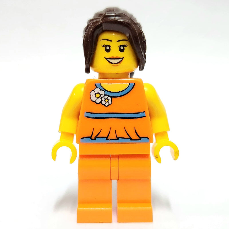 fig-006837 – Woman, Orange Outfit with Flowers, Dark Brown Ponytail