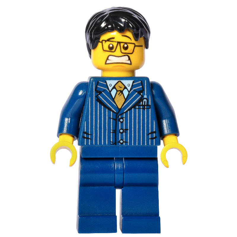 fig-006988 – Man, Dark Blue Pinstripe Suit with Gold Tie, Black Hair, Glasses, 3626cpr0792