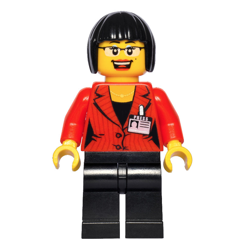 fig-006996 – Reporter, Red Jacket with Name Badge, Glasses