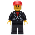 fig-007136 – Man, Open Black Jacket over Red Shirt, Black Legs, Red Cap
