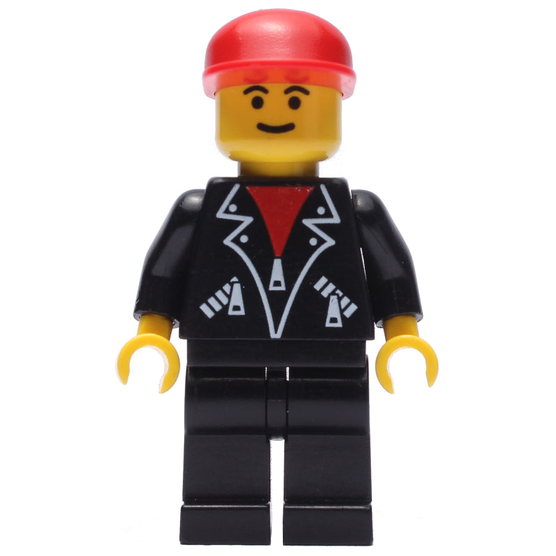 fig-007136 – Man, Open Black Jacket over Red Shirt, Black Legs, Red Cap