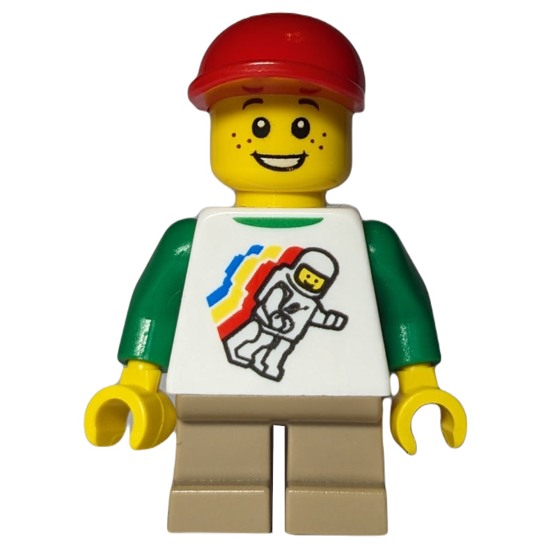 fig-007153 – Boy, Floating Classic Spaceman on Shirt, Short Tan Legs, Red Cap