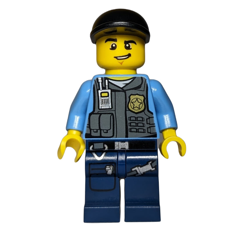 fig-007157 – Policeman, Vest with Badge, Pockets, and Radio, Black Cap