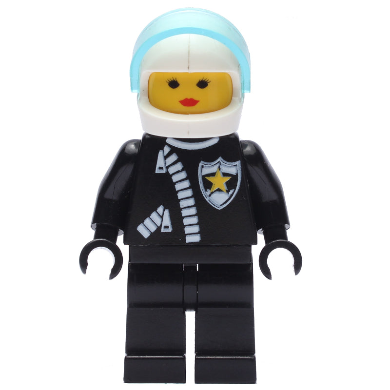 fig-007164 – Policewoman, Black Jacket with Zipper and Badge, White Helmet with Trans-Light Blue Visor
