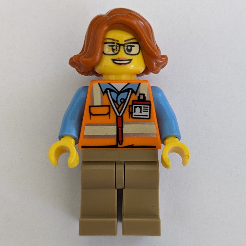 fig-007232 – Woman, Orange Safety Vest, Dark Tan Legs, Glasses