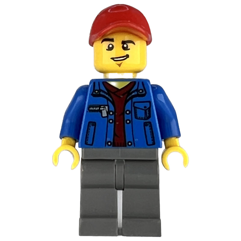 fig-007233 – Man, Open Blue Jacket over Dark Red Shirt, Dark Bluish Gray Legs, Red Cap