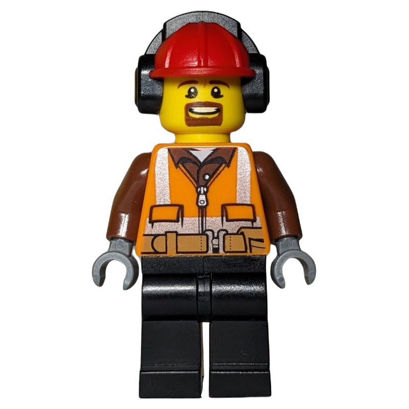 fig-007234 – Man, Safety Vest with Belt, Black Legs, Red Hard Hat with Ear Defenders